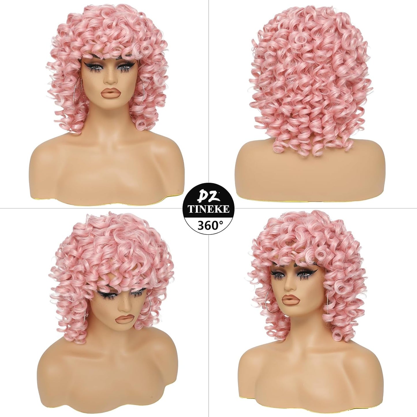 14 Inch Curly Wigs for Black Women Short Curly Wig with Bangs Big Loose Cute Kinky Curly Hair Synthetic Soft Wigs for Daily Party Cosplay (Black)