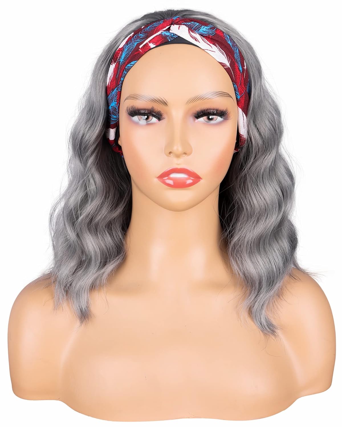 Silver Grey Wavy Headband Wig. Synthetic Wrap Wigs