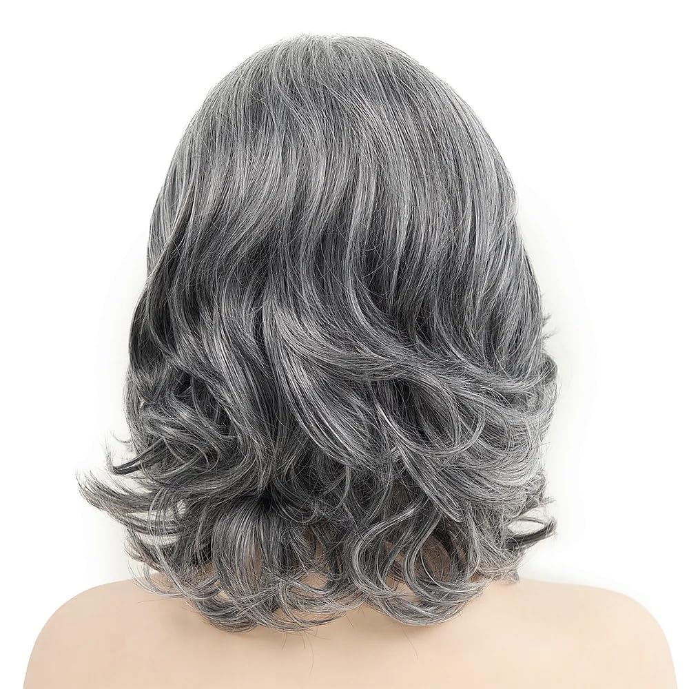 Dark Grey Short Wigs for Women Medium Length Gray Mixed White Layered Curly Wavy Wigs with Side Bangs Synthetic Silver Wigs for Older Women
