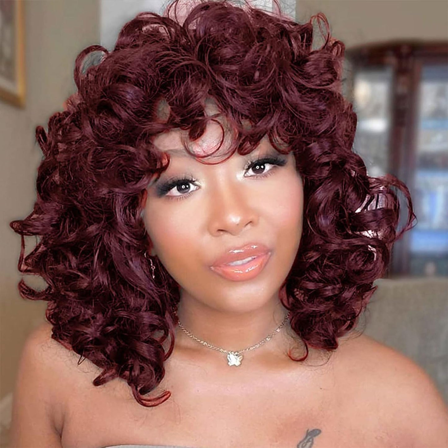 Grey Curly Wig with Bangs.Glueless Wear and Go Wig Afro Curly Synthetic Wigs Ombre Color Heat Resistant Short Curly Wigs Natural Looking Hair for Daily Party Use (1B/Grey)