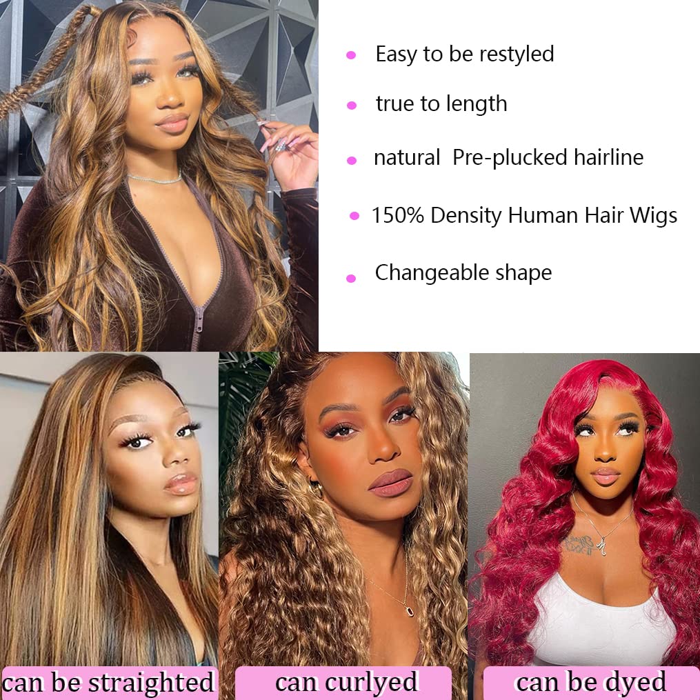 Lace Front Wigs Human Hair Pre Plucked Glueless Wigs for Women Body Wave 13x4 Lace Frontal Wear and Go Wigs for Beginners 180% Density Brazilian Virgin Human Hair Wig(14 Inch)