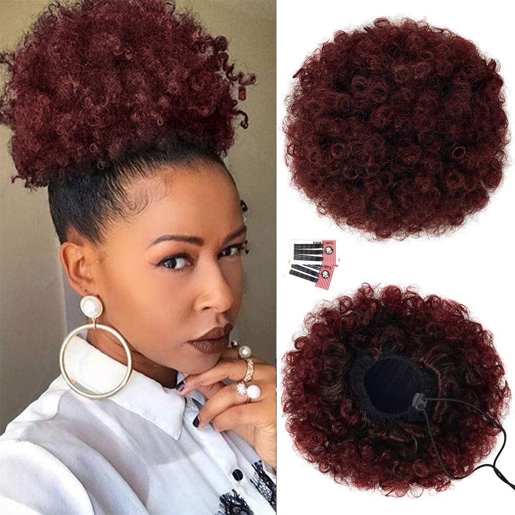 Afro Puff Drawstring Ponytail Extension for Black Women, Black 1B# 80gram Short Synthetic Afro Puff Ponytail for Natural Hair, Clip On Kinky Drawstring Ponytail Bun