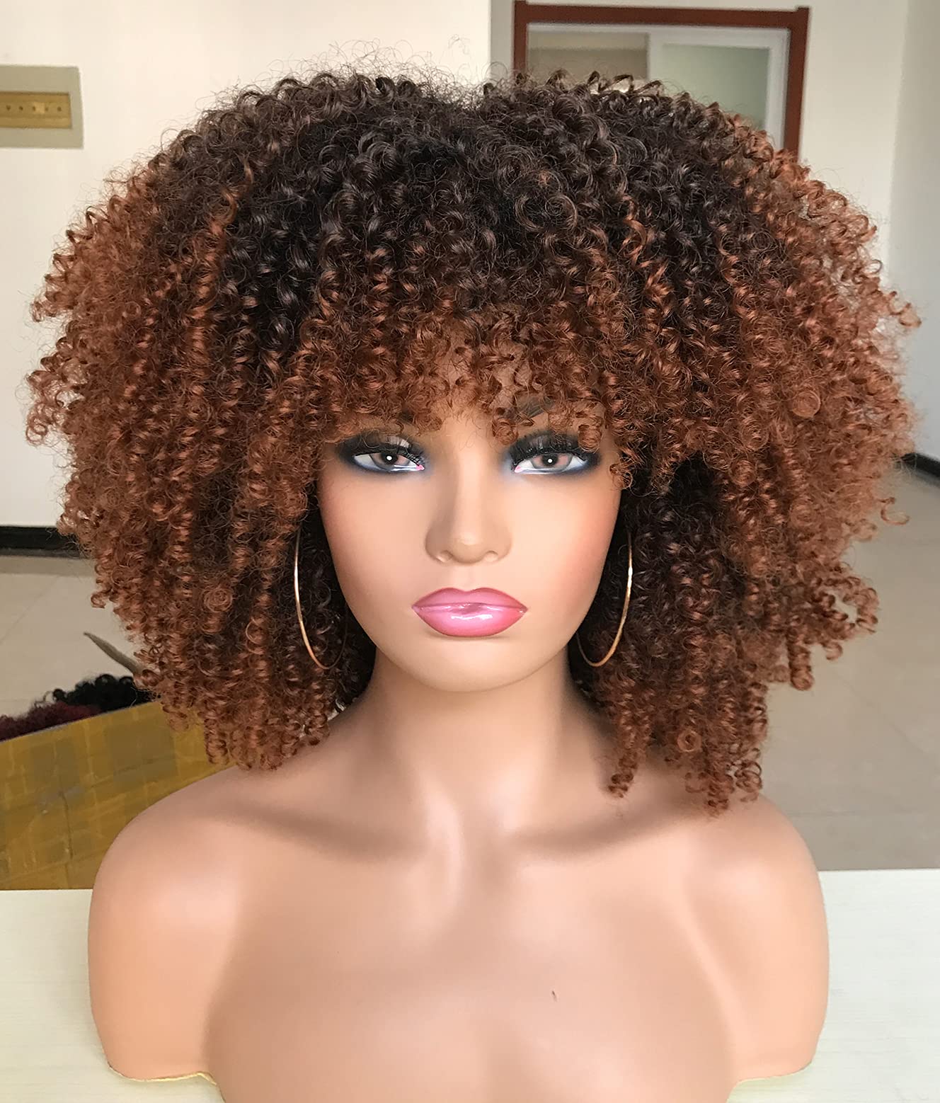 Short Curly Afro Wig With Bangs for Black Women Kinky Curly Hair Wig Afro Synthetic Full Wigs（Black）