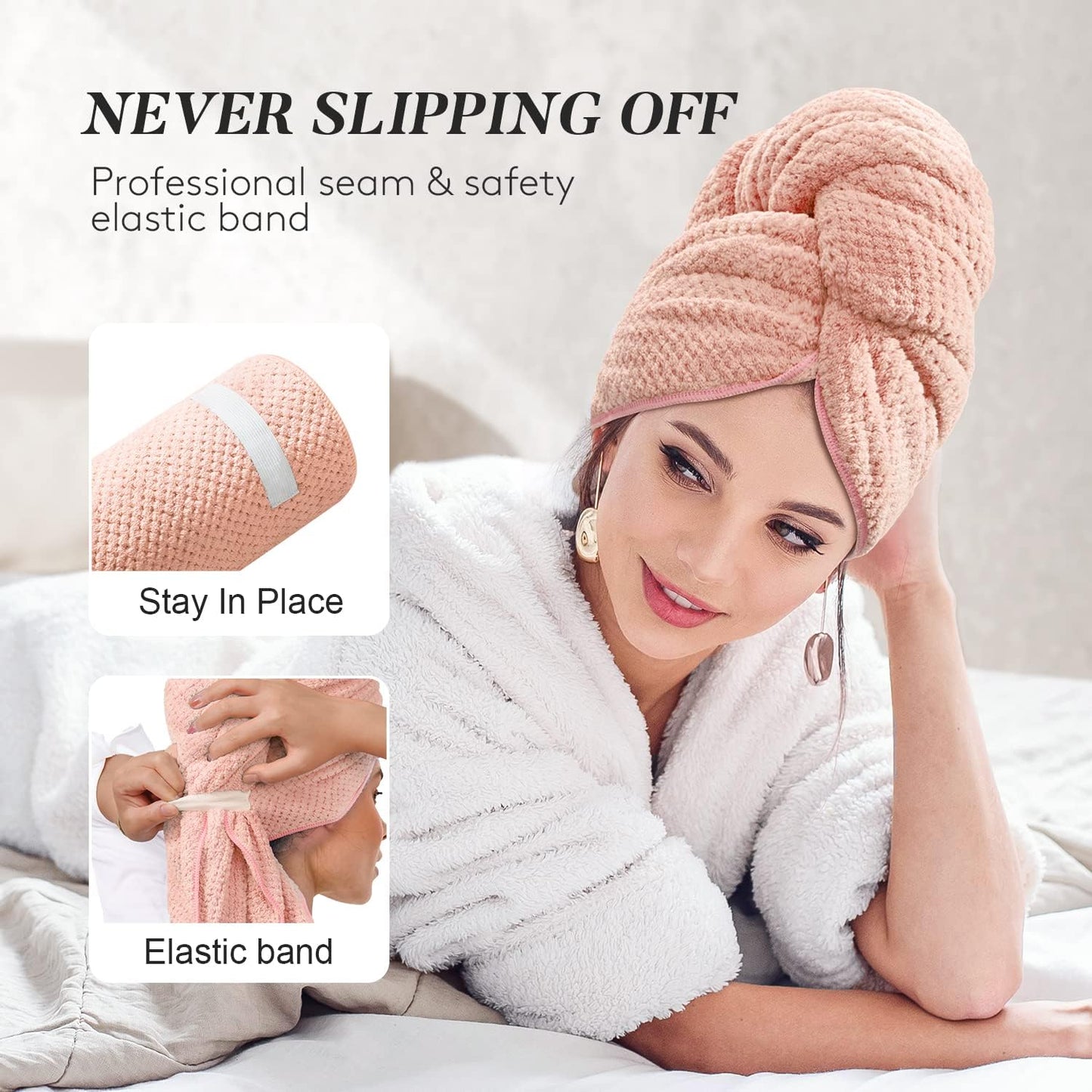 Large Microfiber Hair Towel Wrap for Women, Super Absorbent Hair Drying Towel with Elastic Strap, Anti Frizz Fast Drying Hair Turbans for Long, Thick, Curly Hair, Soft Hair Wrap Towels Pink
