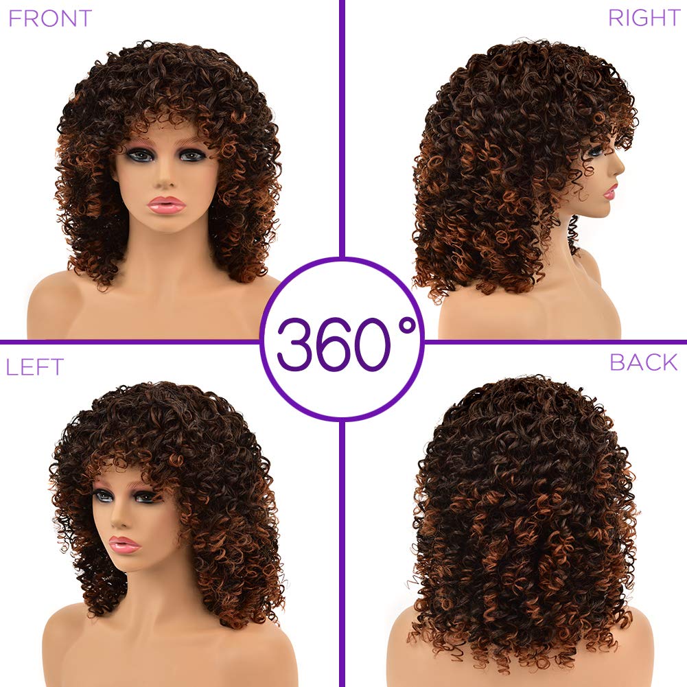Kinky Curly Afro Wig with Bangs Ombre Gray Color Synthetic Mixed Wigs with 1 Wig Comb and 4pcs Wig Caps