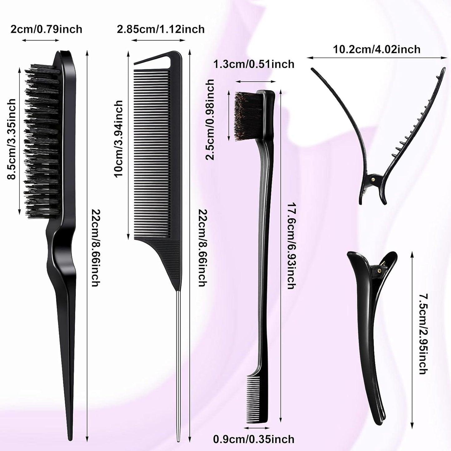 12 Pieces Hair Brush Set, Nylon Teasing Hair Brushes 3 Row Salon Teasing Brush, Double Sided Hair Edge Brush Smooth Comb Grooming, Rat Tail Combs with Duckbill Clips for Women Girls (Purple, Black)
