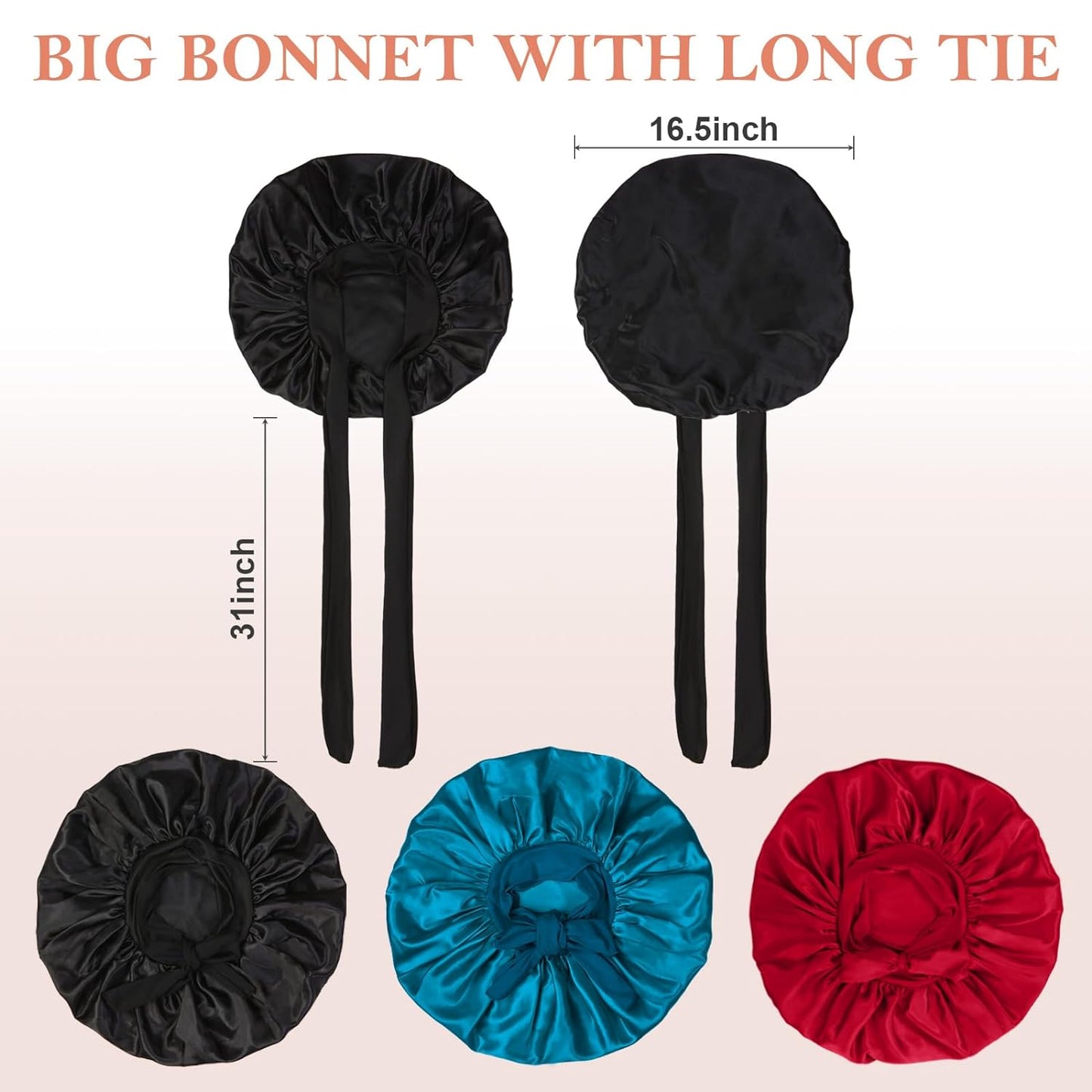 3Pcs Bonnet Silk Bonnet for Sleeping, Satin Bonnet for Sleeping Extra Large Hair Bonnets for Sleeping Black Curly Hair Women Jumbo Bonnet with Tie Band Braids