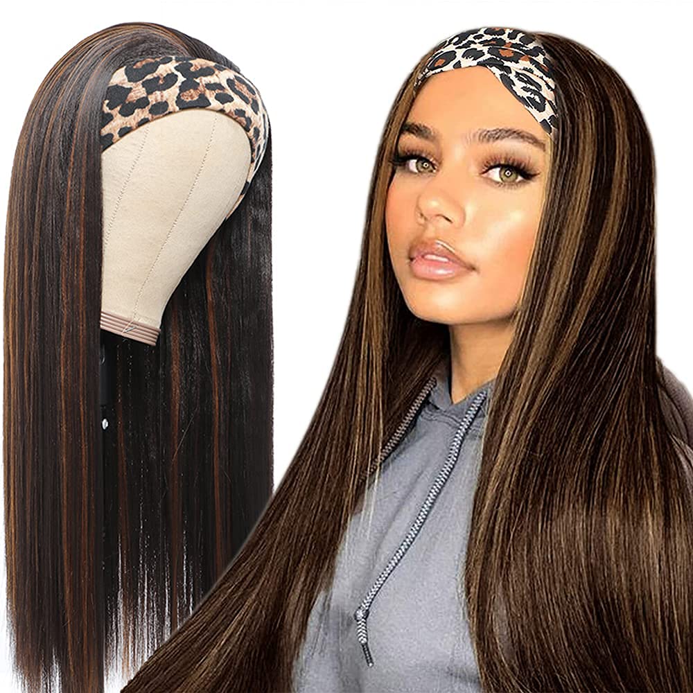 Straight Headband Wig for Women Black 22 Inch Long Straight Headband Wig Premium Synthetic Headband Wig Natural Glueless None Lace Front Wigs with Headbands & Wig Caps(Black)