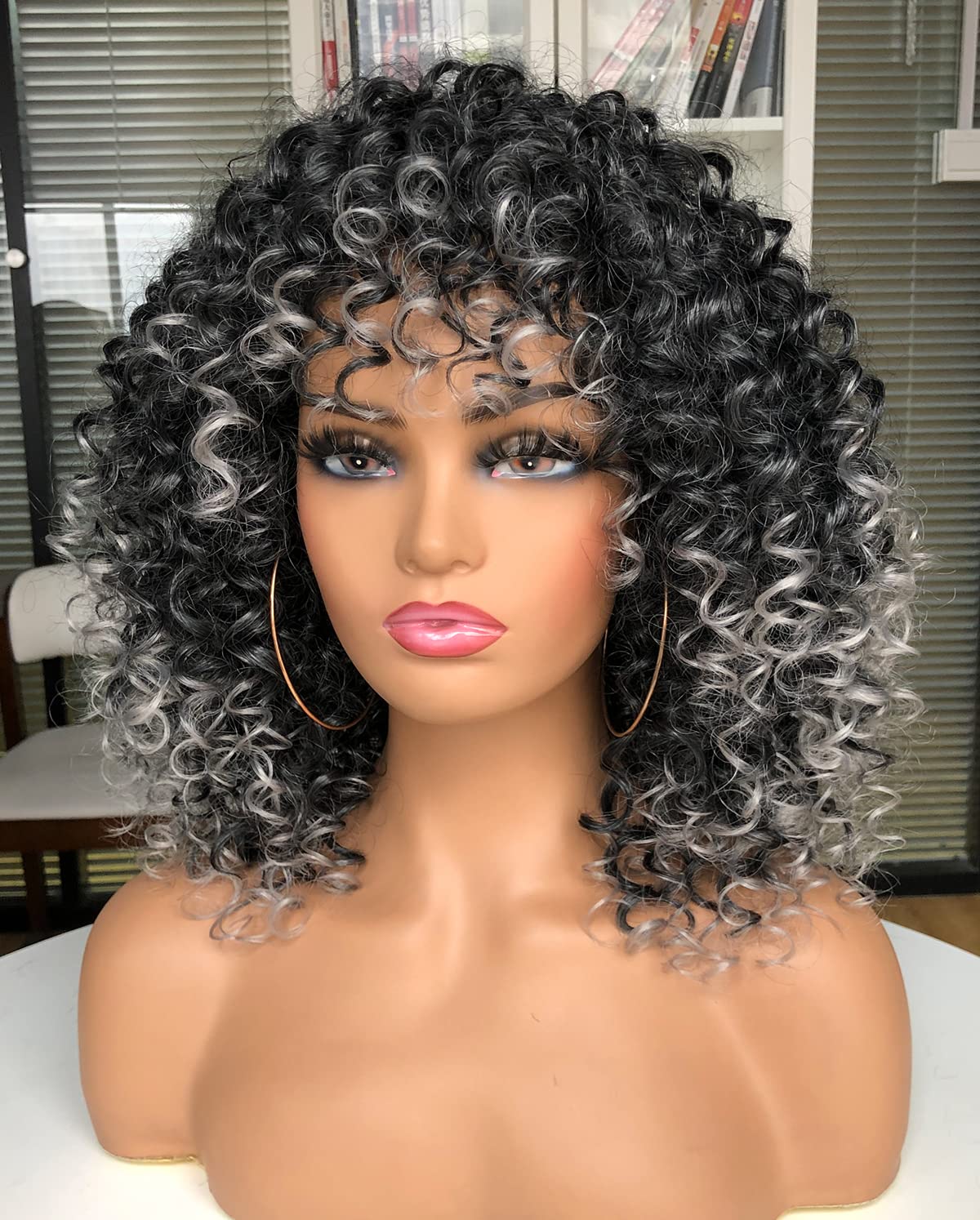 Short Curly Wigs With Bangs Afro Short Kinky Curly Big Bouncy Hair Wig 12inch in Front 14 inch Back