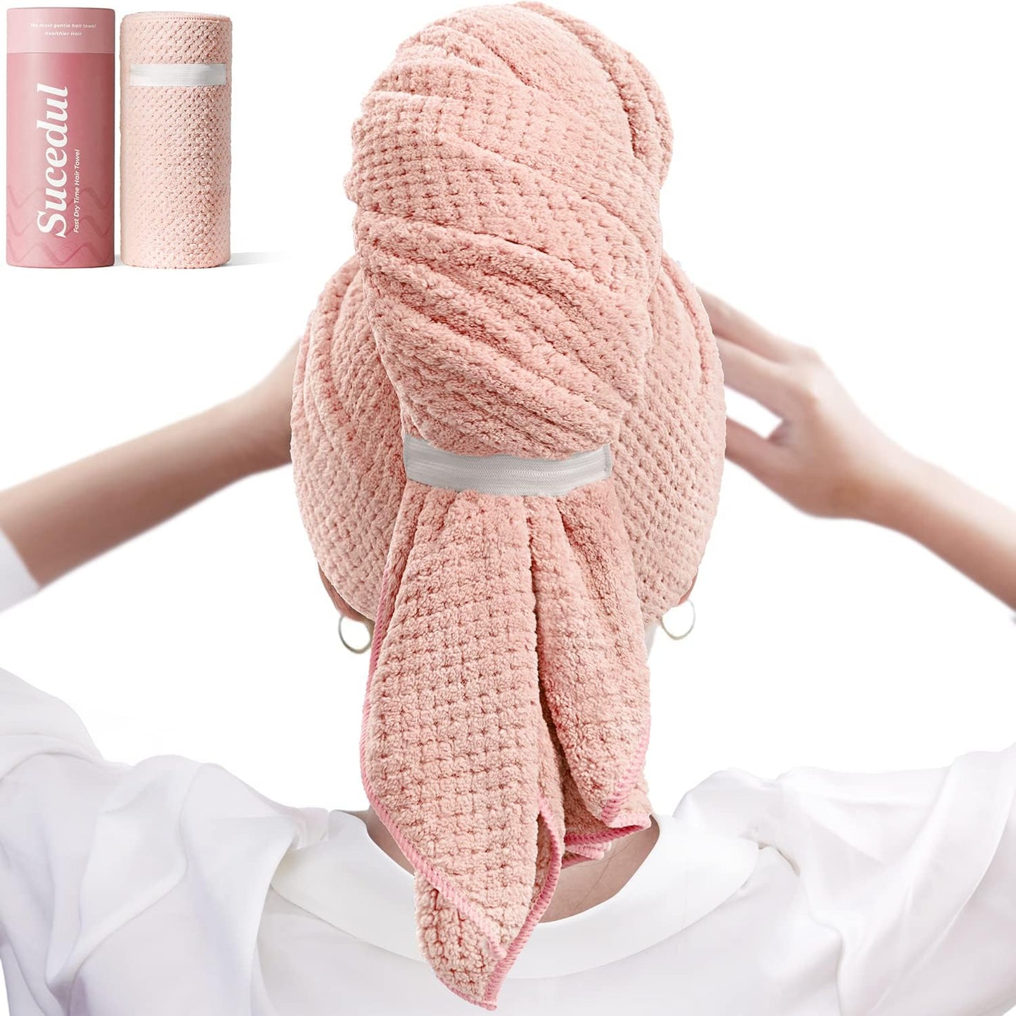 Large Microfiber Hair Towel Wrap for Women, Super Absorbent Hair Drying Towel with Elastic Strap, Anti Frizz Fast Drying Hair Turbans for Long, Thick, Curly Hair, Soft Hair Wrap Towels Pink