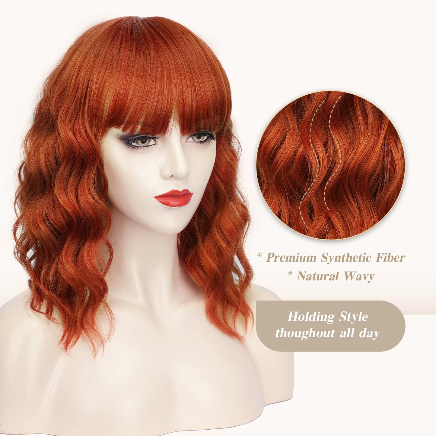 Short Wavy Wig with Bangs for Women Shoulder Length Bob Curly Women's Charming Synthetic Wigs with Natural Wavy Black To Brown Heat Resistant Hair for Daily Party Use