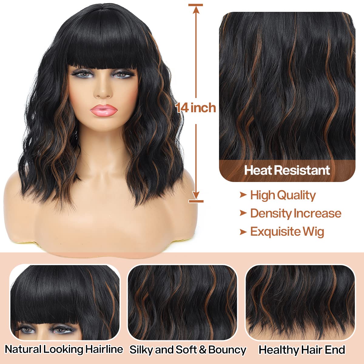 Short Wavy Wig with Bangs Black Mixed Brown Short Bob Wigs Shoulder Length Wear and Go Glueless Wigs Heat Resistant Fiber Synthetic Wig with Bangs