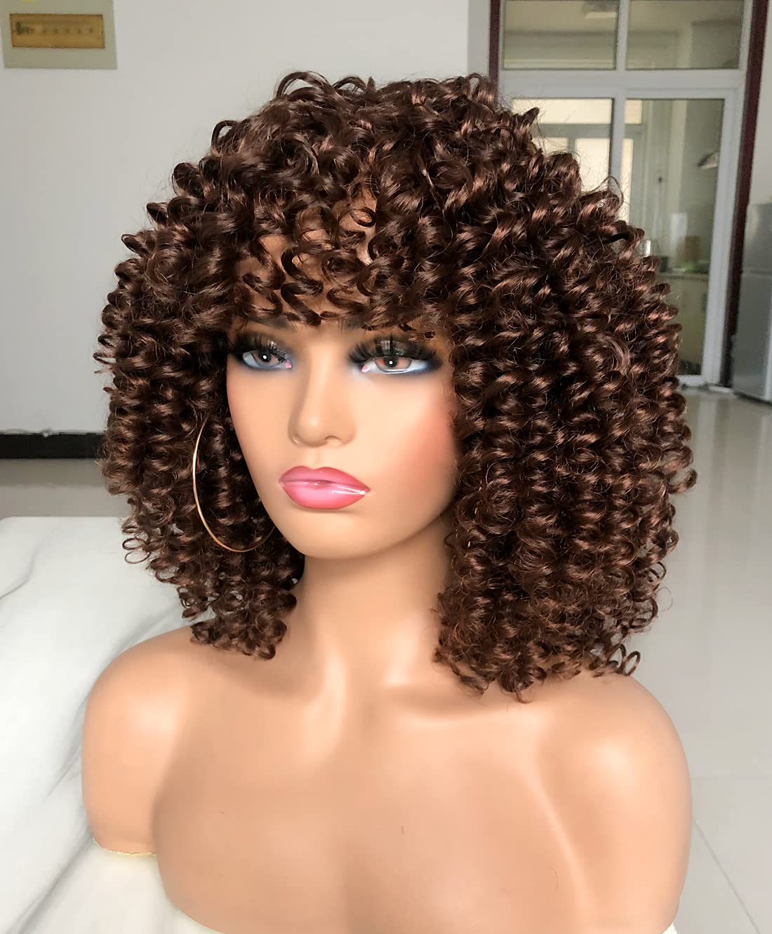 Short Curly Wig for Black Women with Bangs Big Bouncy Fluffy Kinky Curly Wig Heat Resist Soft Synthetic 2Tone Ombre Darkest Brown Short Curly Afro Wig