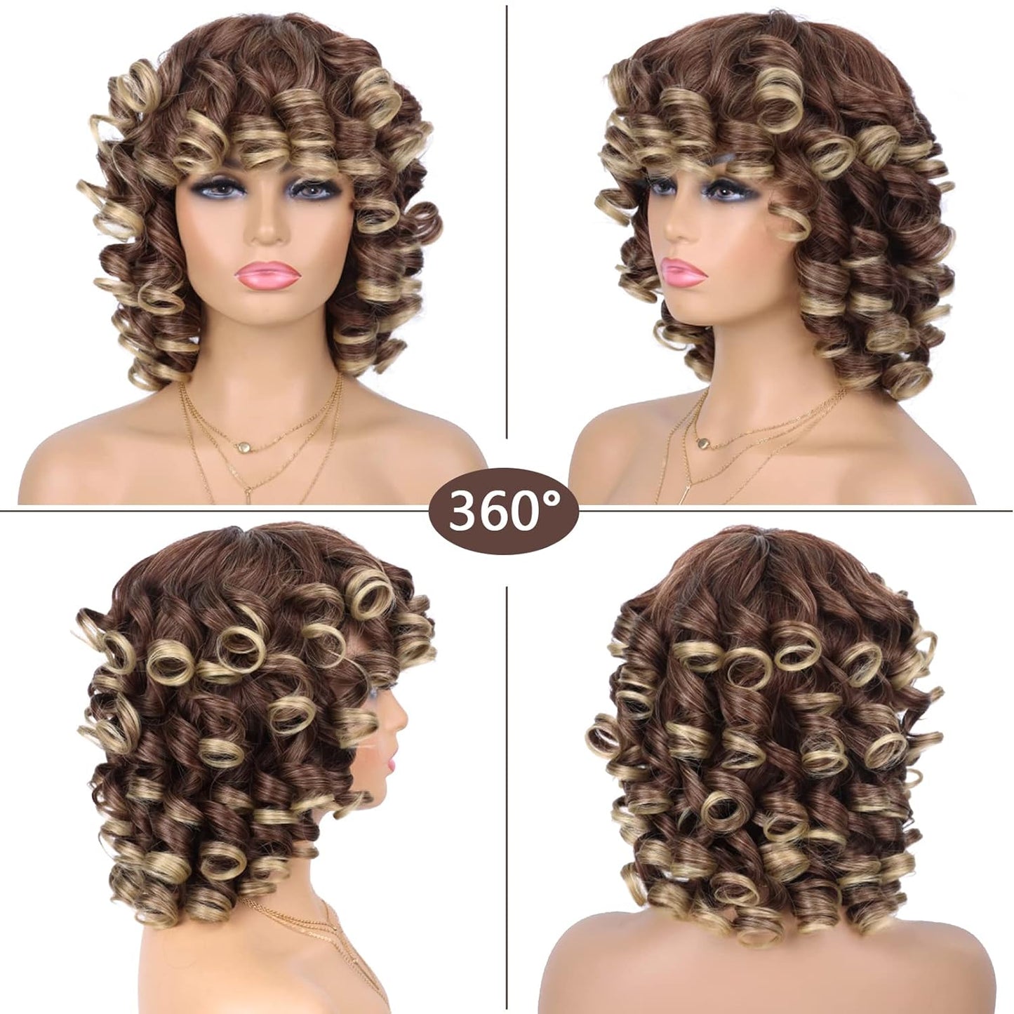 Grey Curly Wig with Bangs.Glueless Wear and Go Wig Afro Curly Synthetic Wigs Ombre Color Heat Resistant Short Curly Wigs Natural Looking Hair for Daily Party Use (1B/Grey)