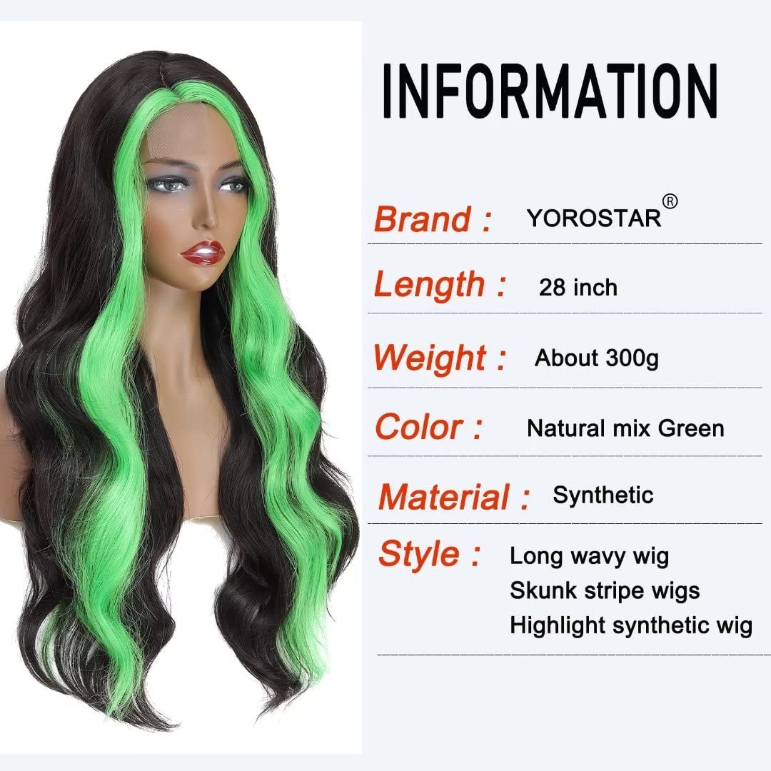 28" Long Wavy Wig. Skunk Stripe Body Wave Wig Highlighted Synthetic Lace Wigs Black with Blonde Wig Streaks Wig Curly Wavy Side Part Wig for Daily Party Use(Natural Color/Blonde#)