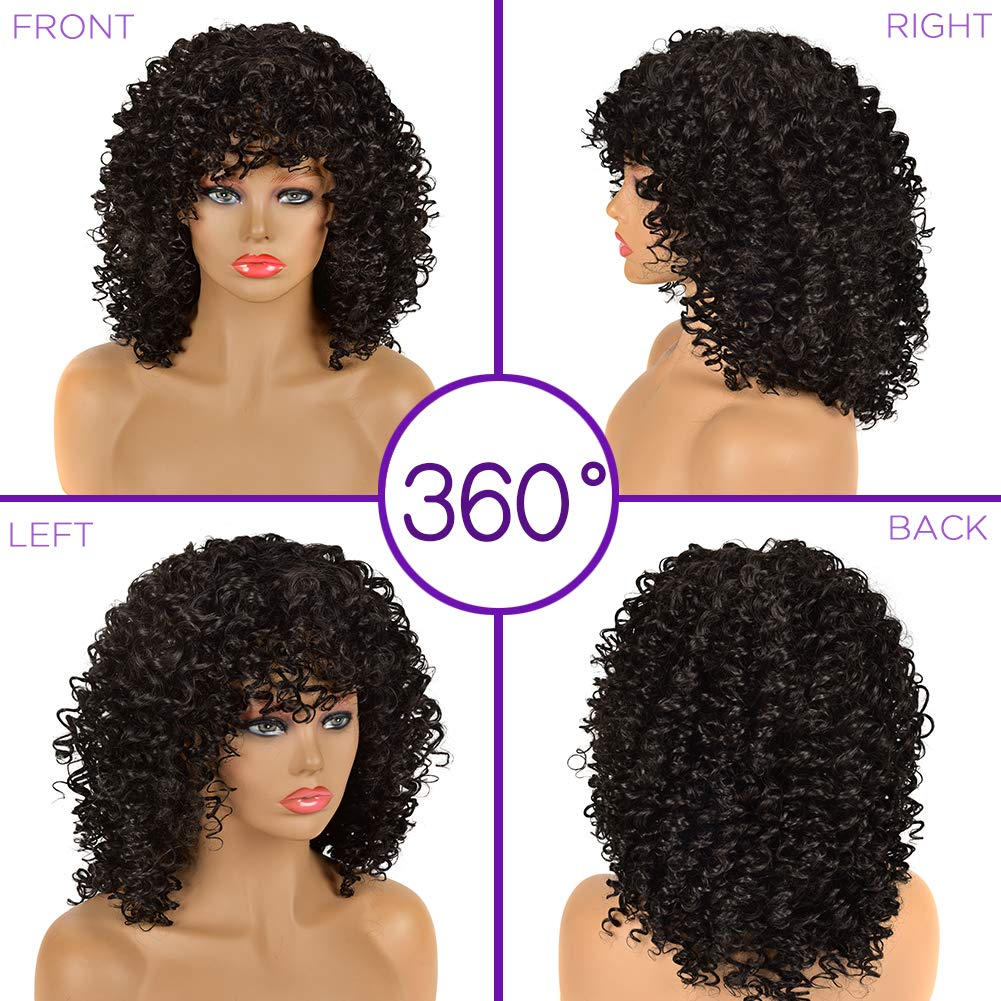 Kinky Curly Afro Wig with Bangs Ombre Gray Color Synthetic Mixed Wigs with 1 Wig Comb and 4pcs Wig Caps