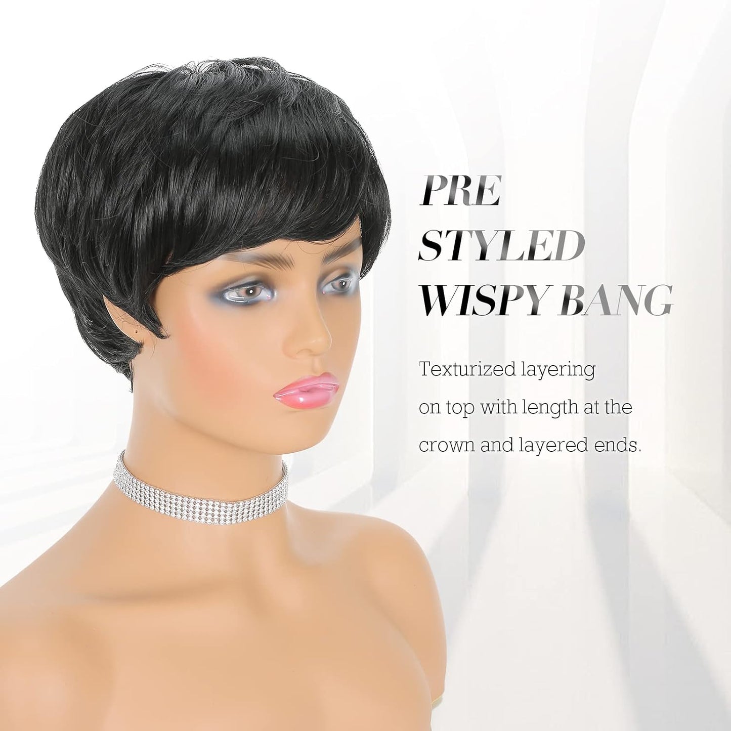 FESHFEN Pixie Cut Wigs Synthetic Short Ombre Gray Pixie Haircut Wig with Bangs Glueless Layered Wig Wavy Grey to Black Wigs for Women