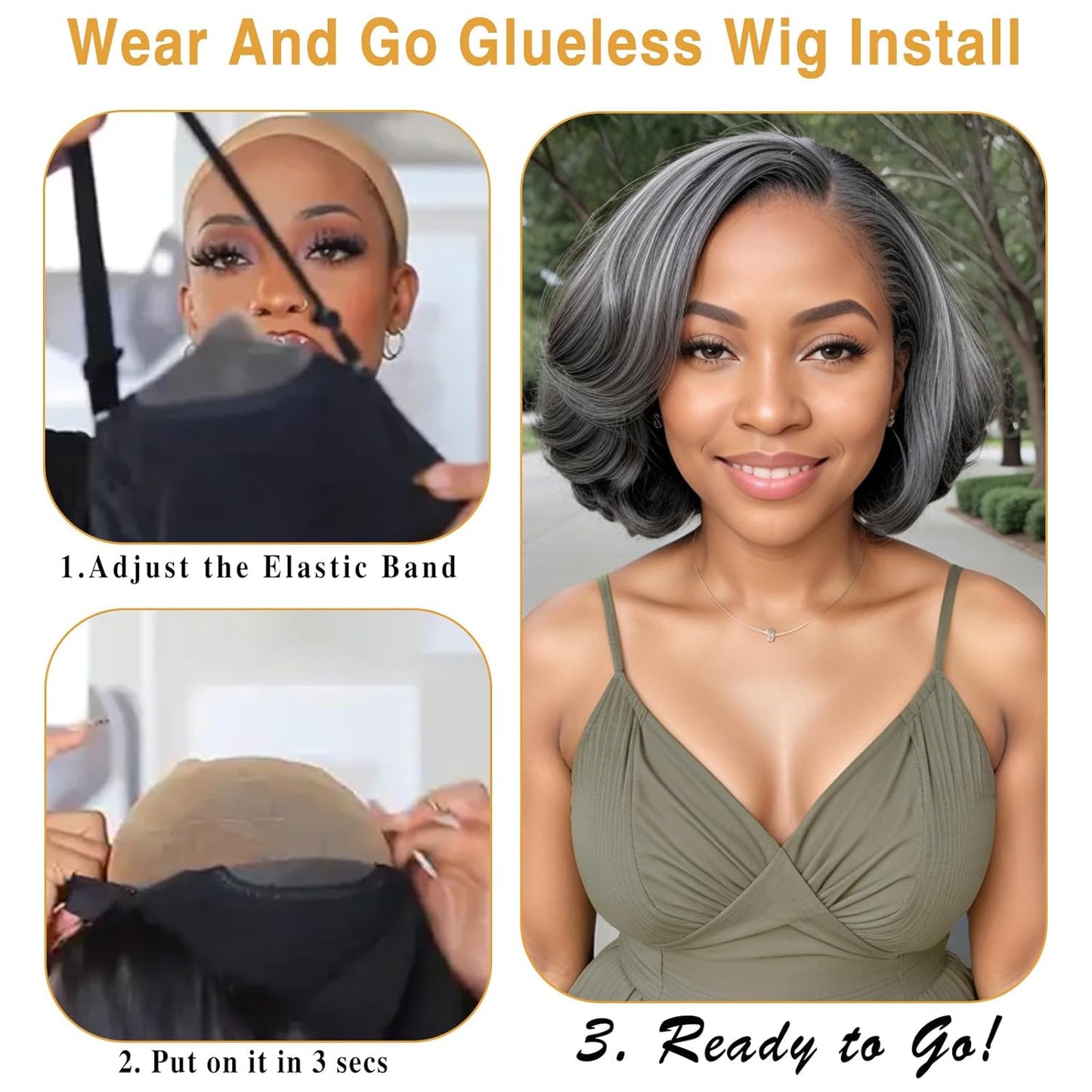 Salt and Pepper Wigs for Women 10" Wear and Go Glueless Bob Wigs Human Hair Pre Plucked Grey Short Bob Wig Body Wave Lace Front Wigs Pre Cut 5x5 Closure HD Transparent Glueless Wigs for Women