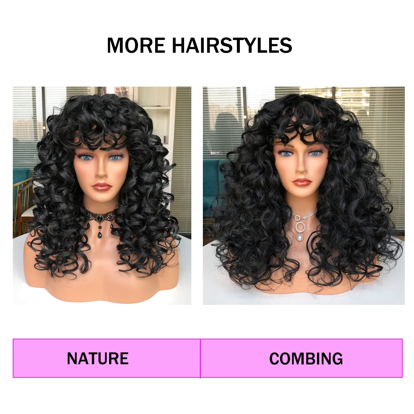 Curly Wig with Bangs. Black Kinky Long Curly Wig Synthetic Hair Daily Use Cosplay 17 Inch