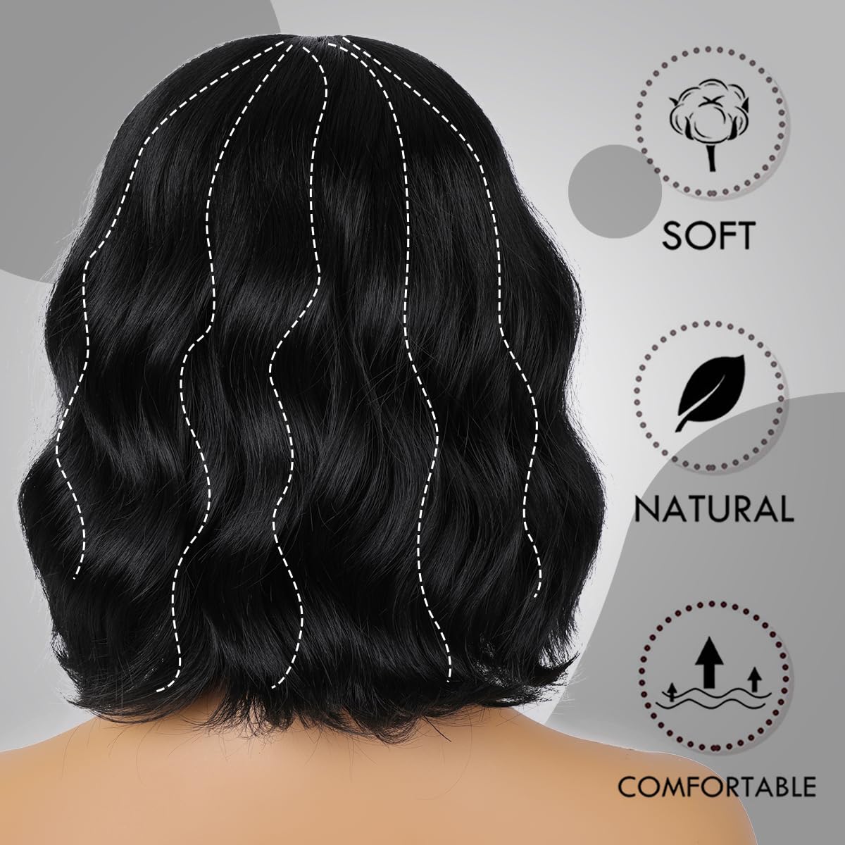 Short Wavy Black Wig with Bangs Bob Short Charming Curly Wavy Wig Women Synthetic Natural Looking Heat Resistant Fiber Hair for Women (14inch)