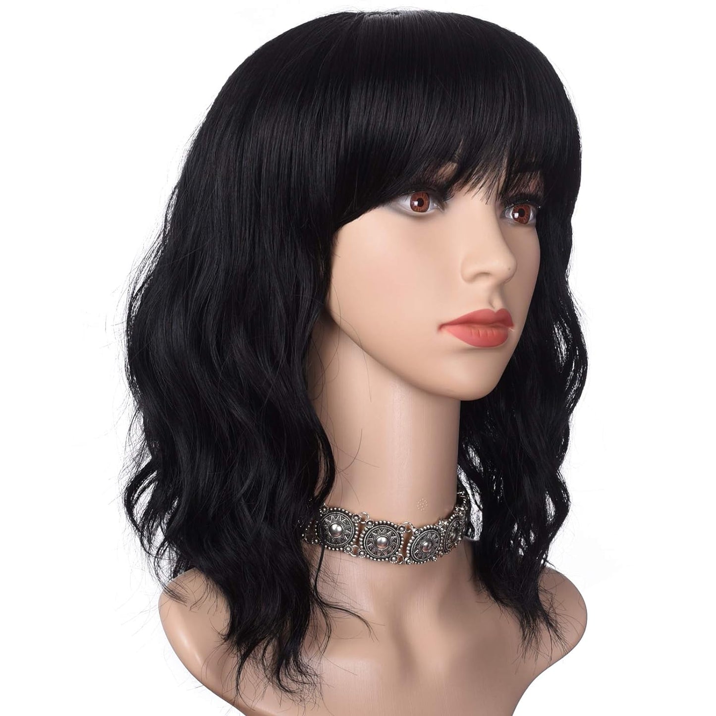 Short Black Wavy Bob Wig with Bangs for Women 16 Inches Natural Synthetic Hair Wavy Wigs