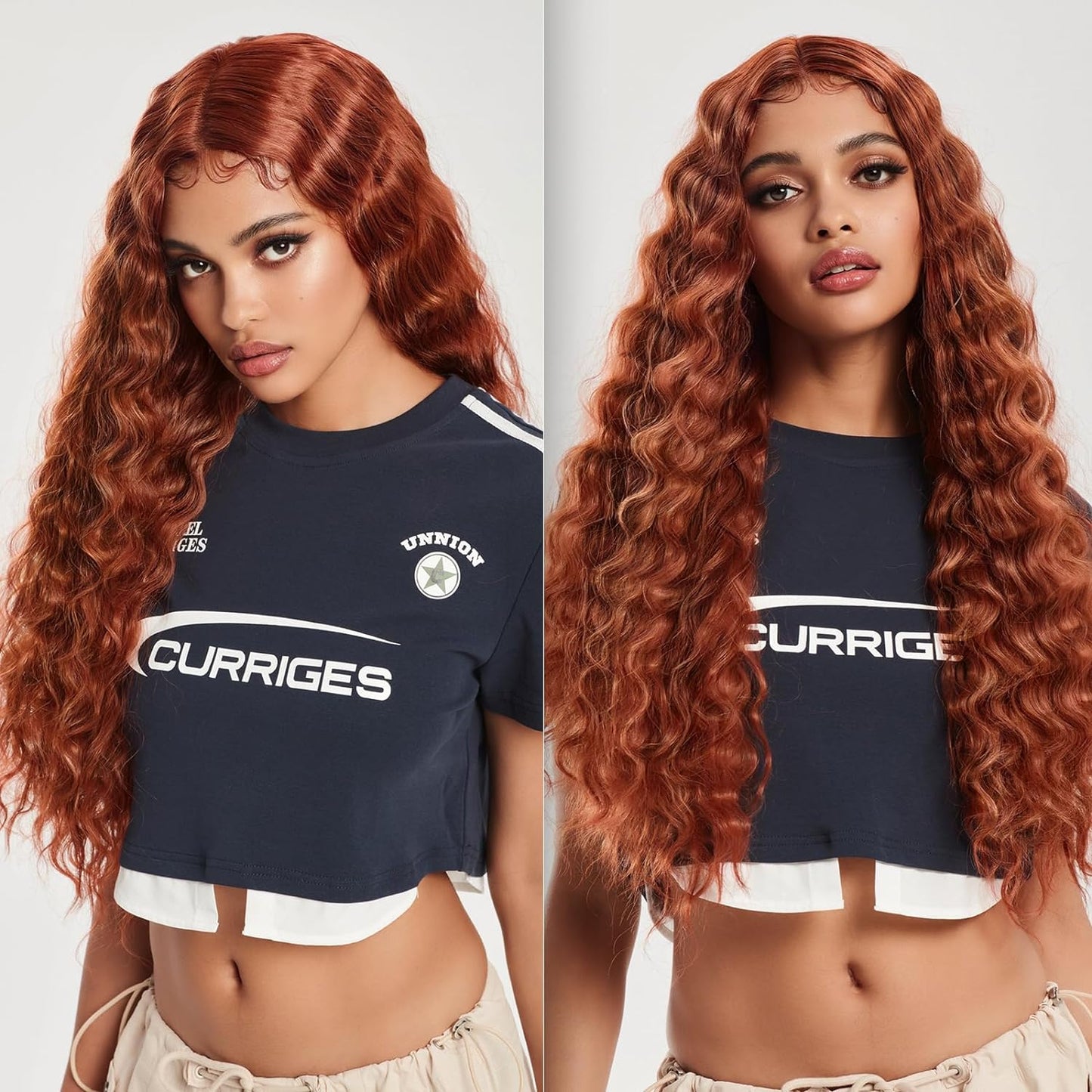 Long Deep Wave Wig,Ginger Reddish Brown Long Curly Synthetic Hair Wigs,Loose Deep Wave Wig,Lace Front Wigs for Women with Babyhair Crimps Curls Hair Replacement Wigs for Daily Party Use 28"