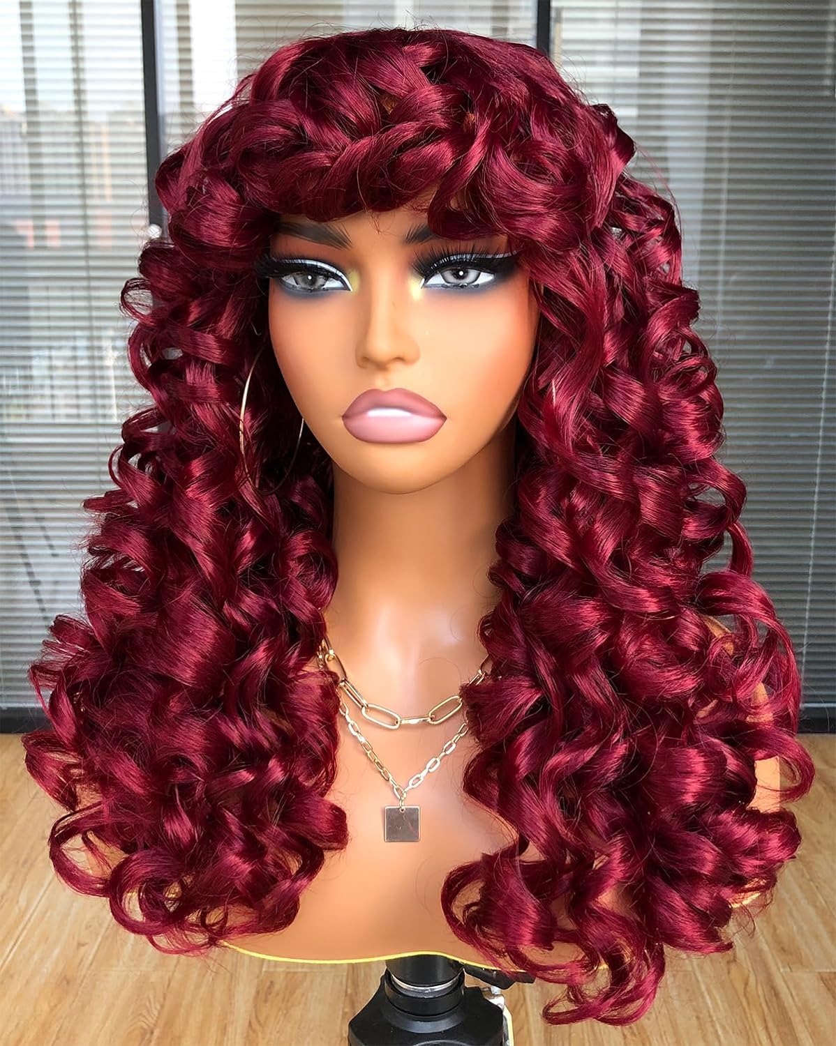 Long Curly Afro Wig with Bangs Big Loose Cute Kinky Curly Hair Synthetic Wig for Daily Use Party Hallowmas Cosplay （Black 17 inch）