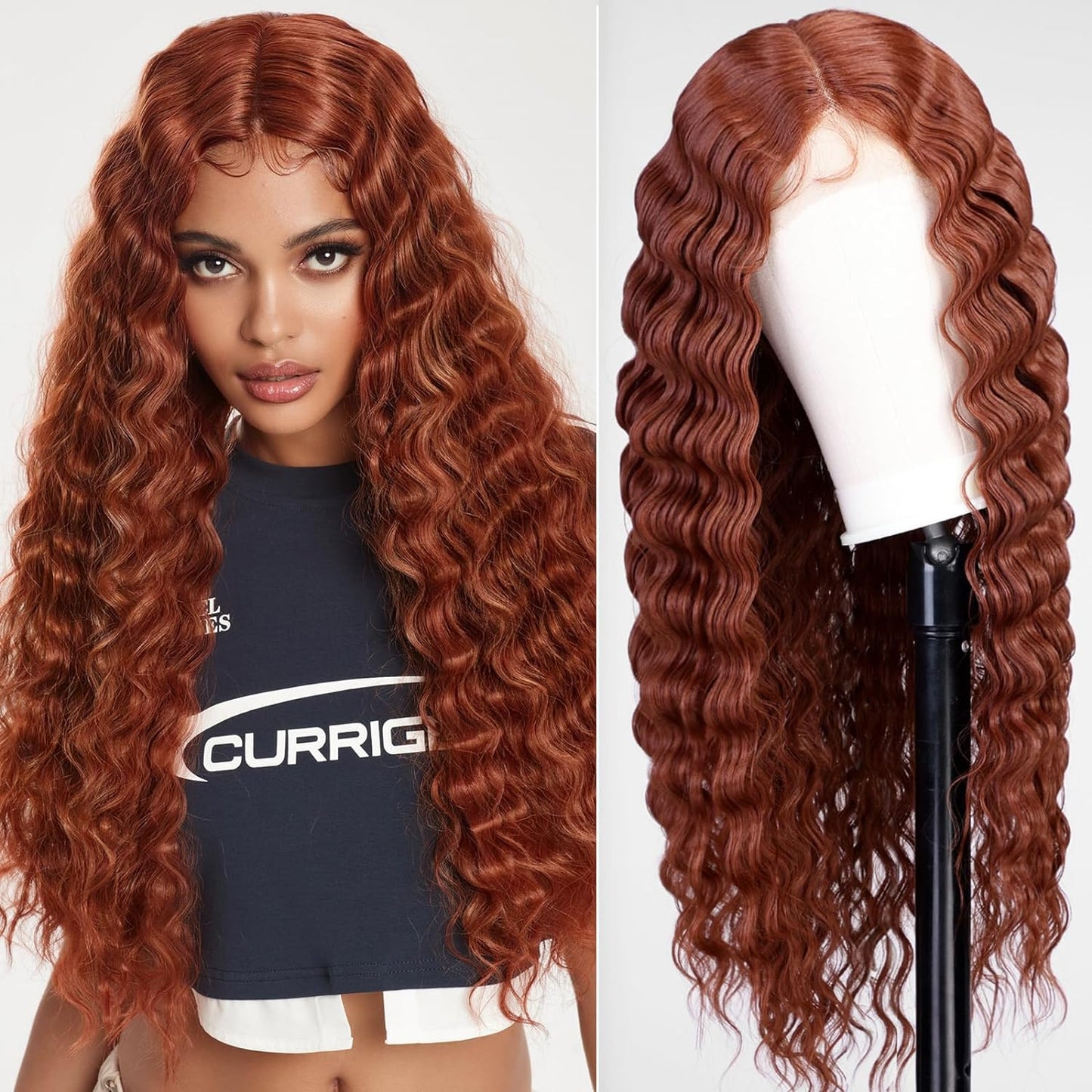 Long Deep Wave Wig,Ginger Reddish Brown Long Curly Synthetic Hair Wigs,Loose Deep Wave Wig,Lace Front Wigs for Women with Babyhair Crimps Curls Hair Replacement Wigs for Daily Party Use 28"