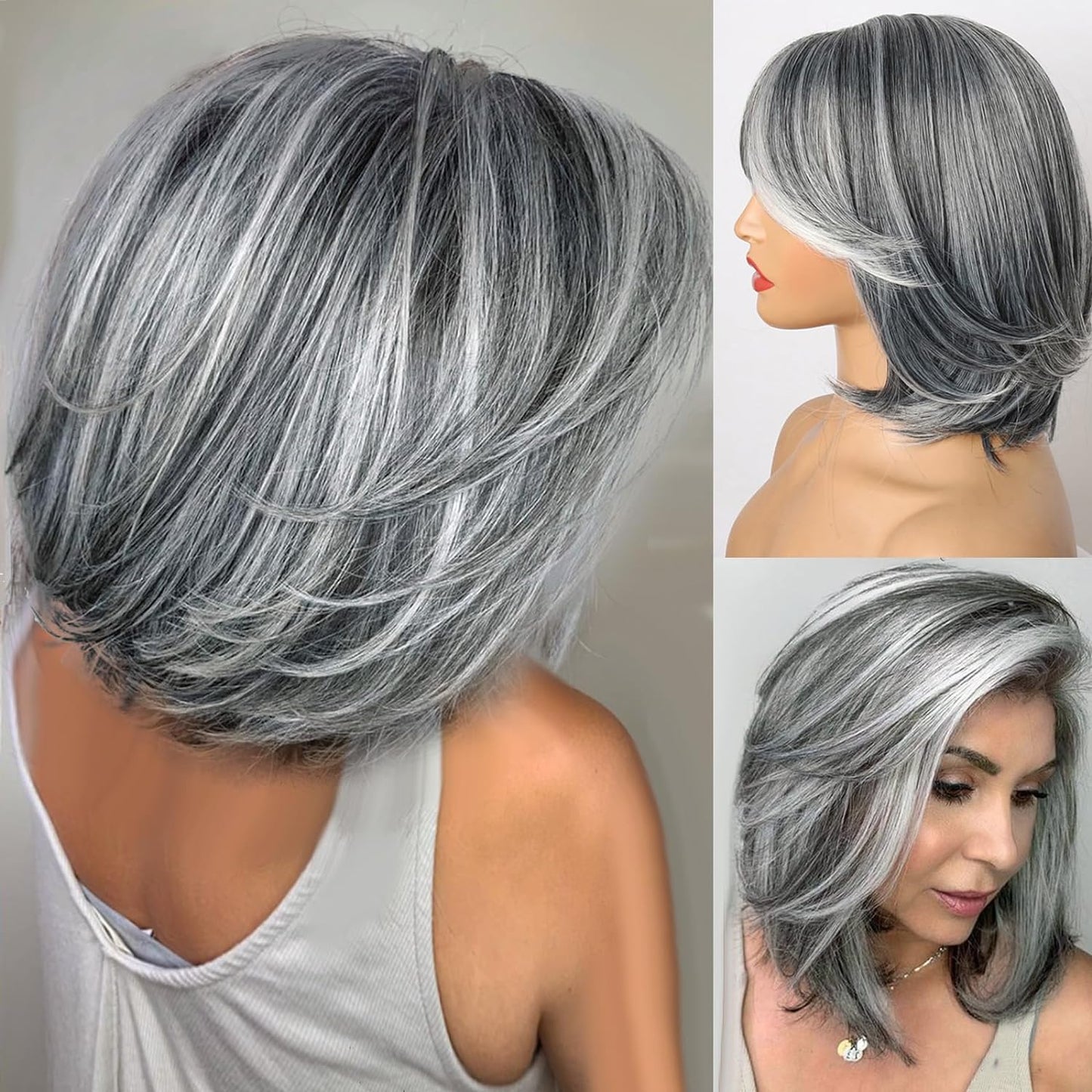 Silver Wig Ombre Gray Wigs with Curtain Bangs for Women Synthetic Highlight Gray Bob Wig Short Silver Wig with Bangs Layered Wig 12Inch Light Grey Short Hair Wigs for Daily Party Use