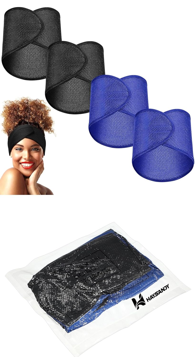 4 Pieces Mesh Hair Wraps for Black Women Sleeping Hair Wrap Scarf Cap Spa Headbands Hair Wraps Hair Nets for Women Black Natural Hair Wash Face Sleep (Black, Blue)