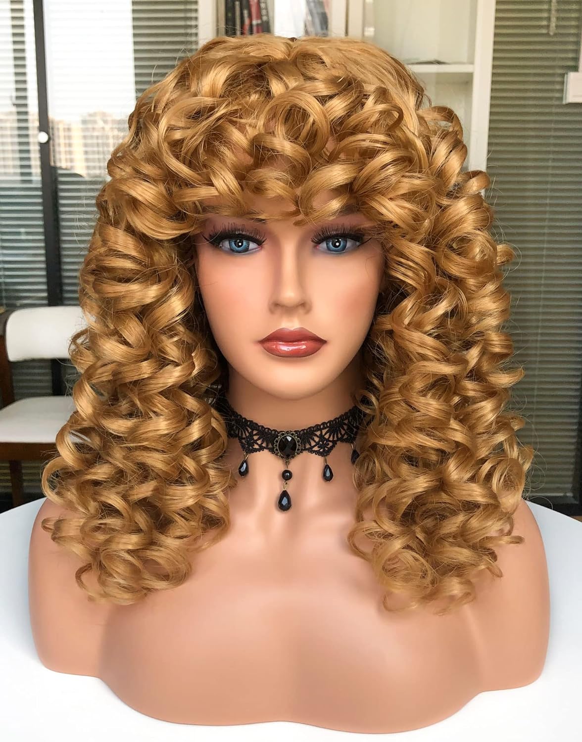 Curly Wig with Bangs. Black Kinky Long Curly Wig Synthetic Hair Daily Use Cosplay 17 Inch