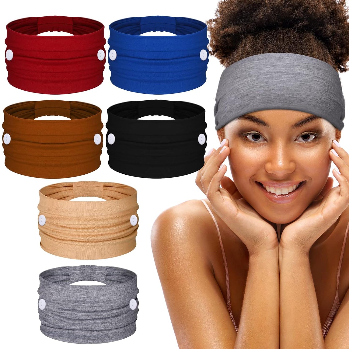 6 Pieces Headband with Buttons for Mask African Boho Knot Turban Headbands Nurse Elastic Headbands Sport Beach Hair Accessories for Women Girls (Bohemian Patterns)