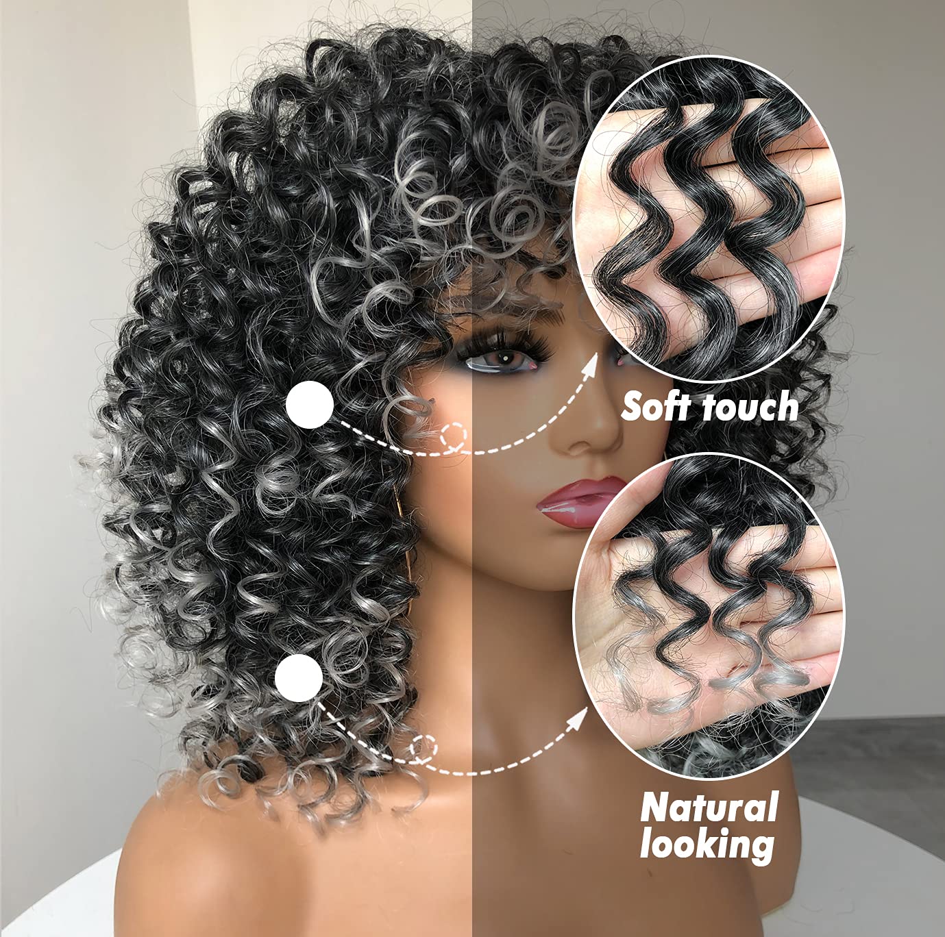 Short Curly Wigs With Bangs Afro Short Kinky Curly Big Bouncy Hair Wig 12inch in Front 14 inch Back