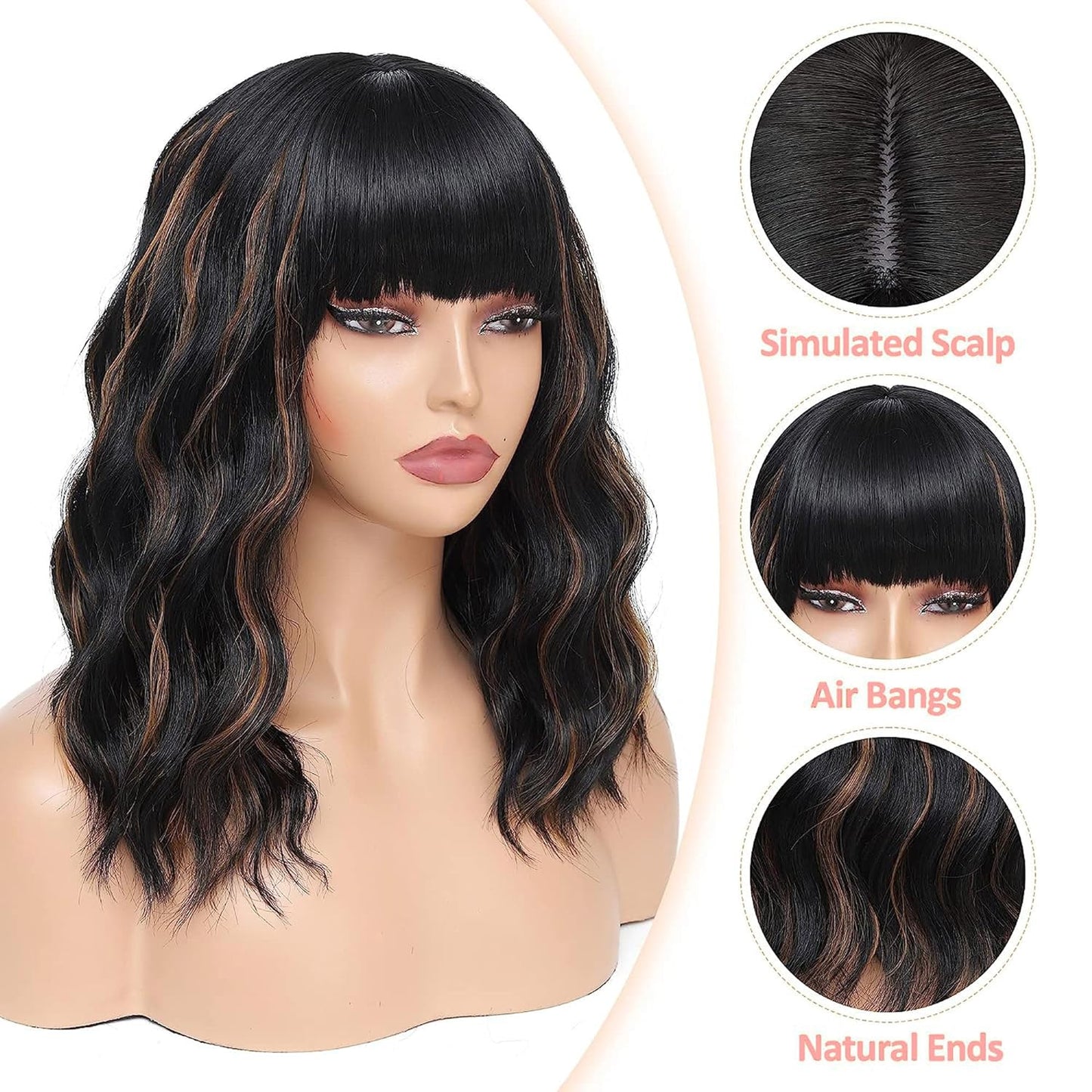 Short Wavy Wig with Bangs Black Mixed Brown Short Bob Wigs Shoulder Length Wear and Go Glueless Wigs Heat Resistant Fiber Synthetic Wig with Bangs