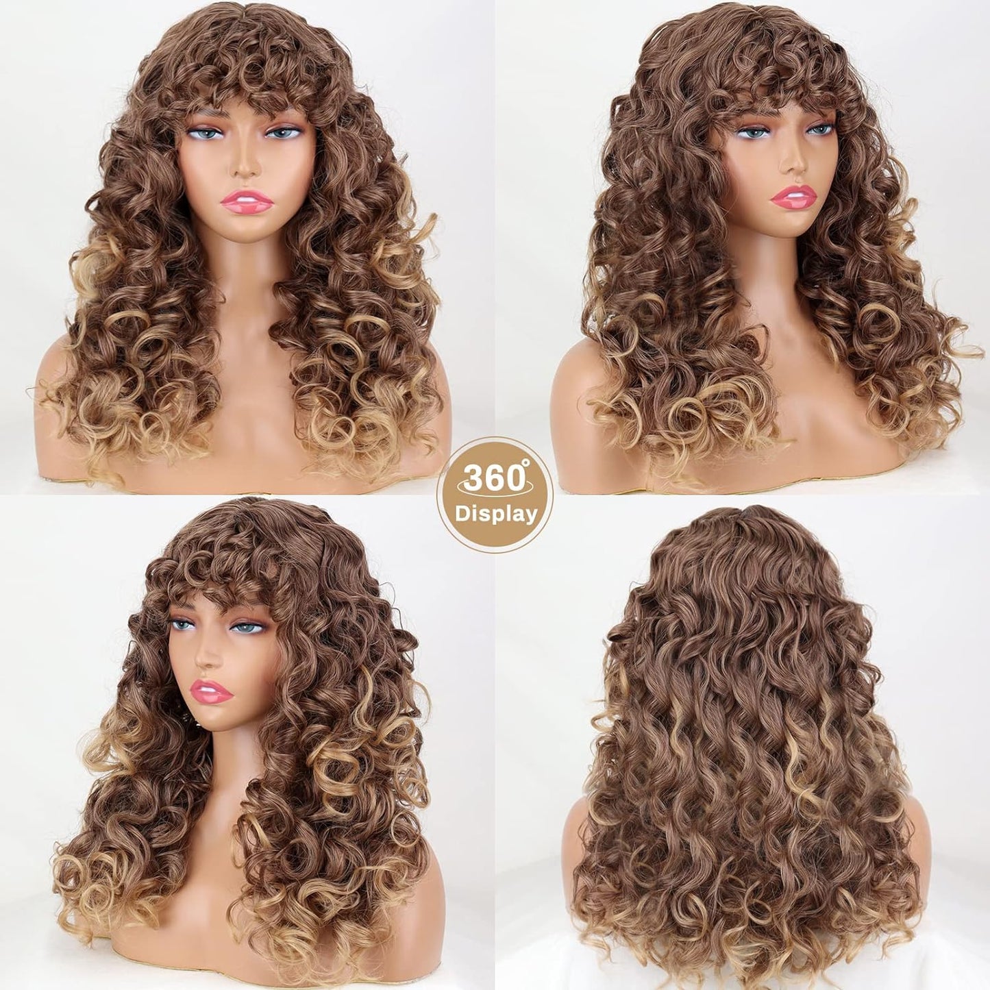 14 inch Blonde Curly Wigs 70s, Kinky Brown Mixd Blonde Afro Wigs for Black Women, Synthetic Afro Curly Blonde Wigs for Women (Brown to Blonde)