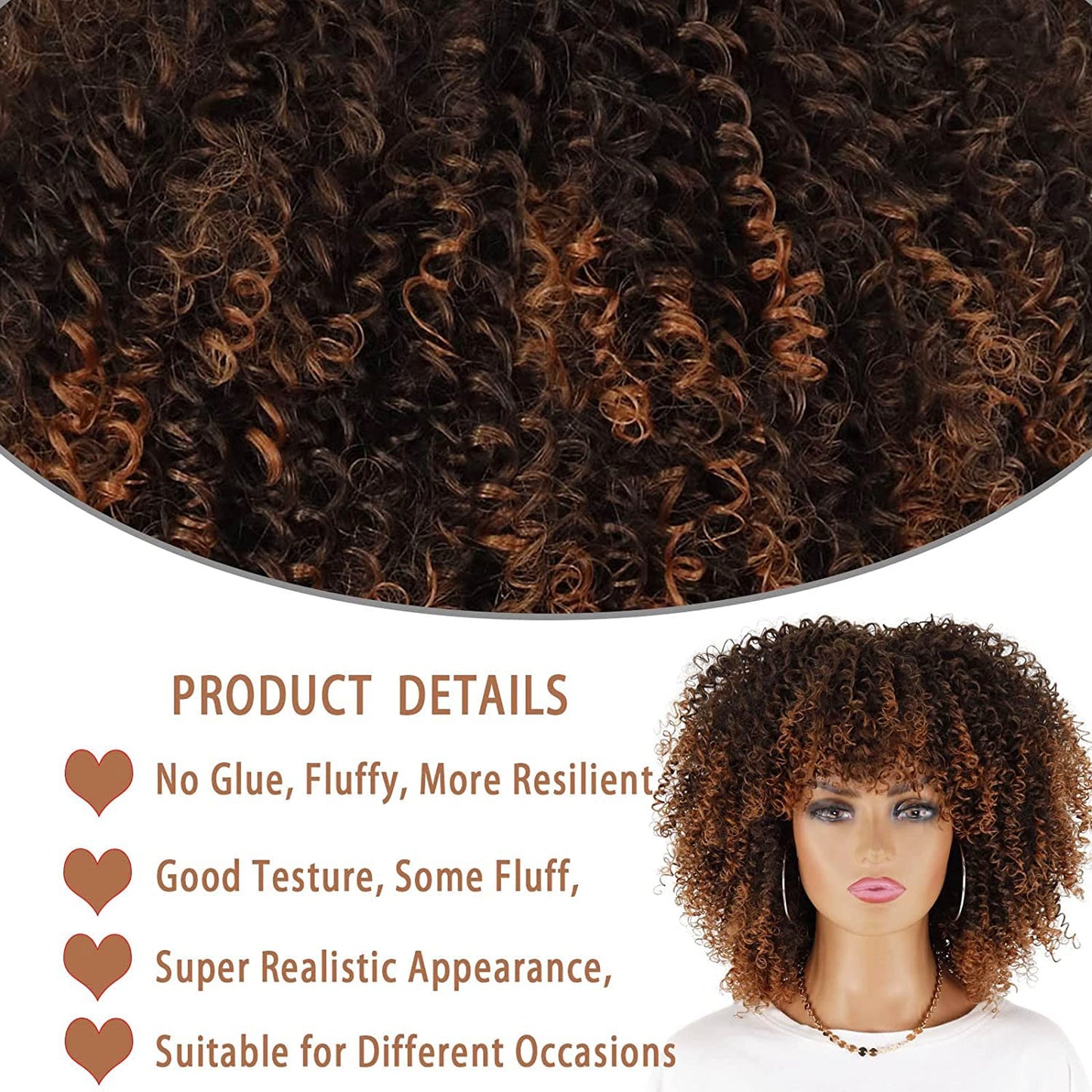LINGHANG Short Curly Afro Wigs with Bangs, Brown Afro Kinky Curly Wigs for Black Women Synthetic Heat Resistant Fluffy Brown Wigs (Ombre Brown)