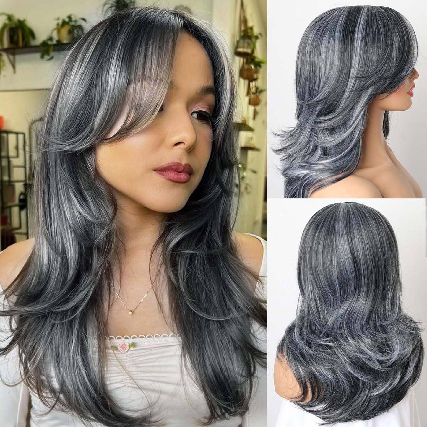 Gray Wigs for Women Silver Wig with Curtain Bangs Layered Wig Long Wavy Gray Ombre Wig Shoulder-Length Long Haired Wig Synthetic Light Grey Wig Natural Real Hair Wig for Daily Party Use