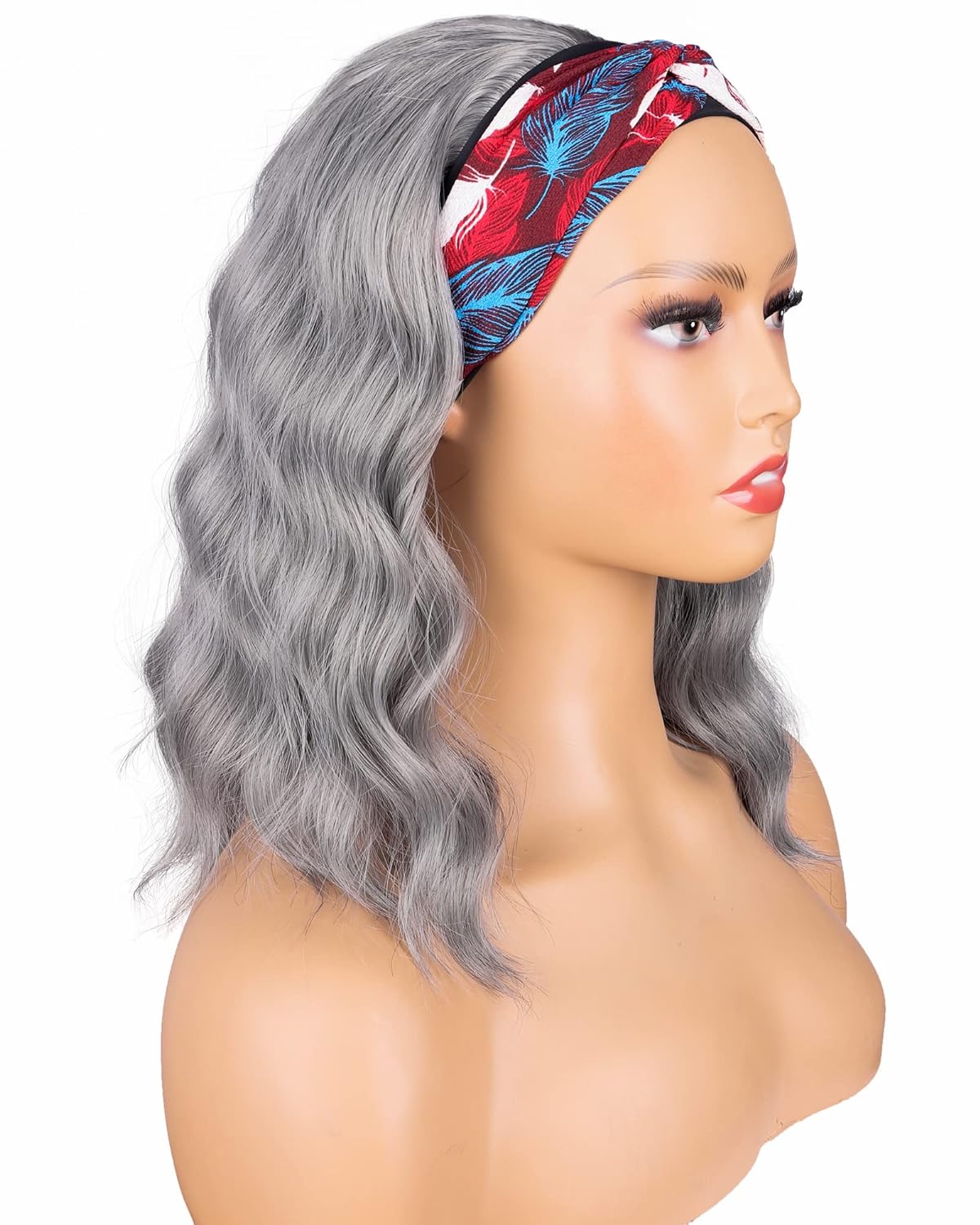 Silver Grey Wavy Headband Wig. Synthetic Wrap Wigs