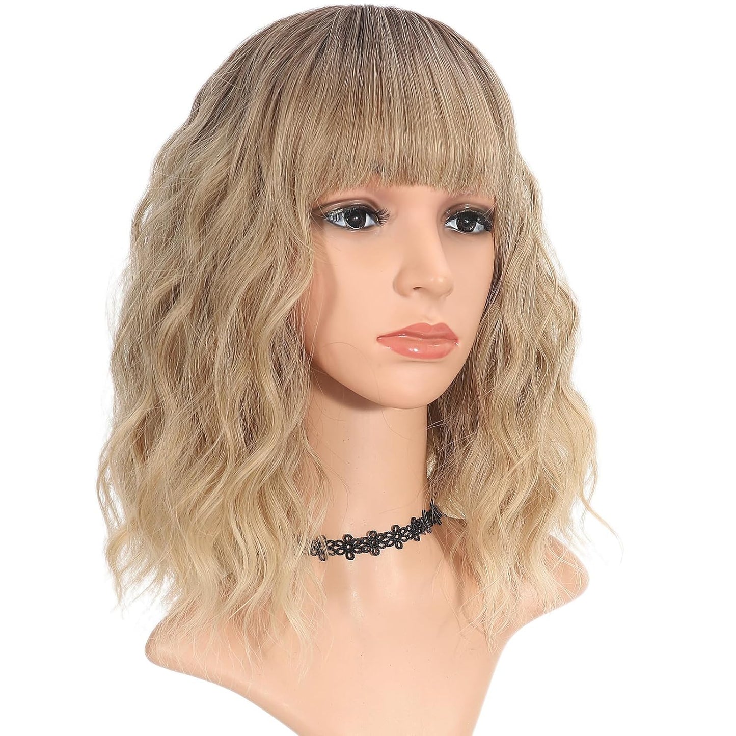 Silver Gray Wig with Bangs for Women 14 Inch Short Bob Wavy Curly Wig Gray Hair Wigs Heat Resistant Synthetic Wigs